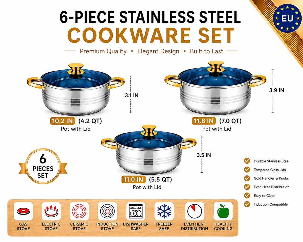Stainless Steel Pots and Lids Set with Gold Handles Induction Ready, Includes Lids, 6-Piece Set