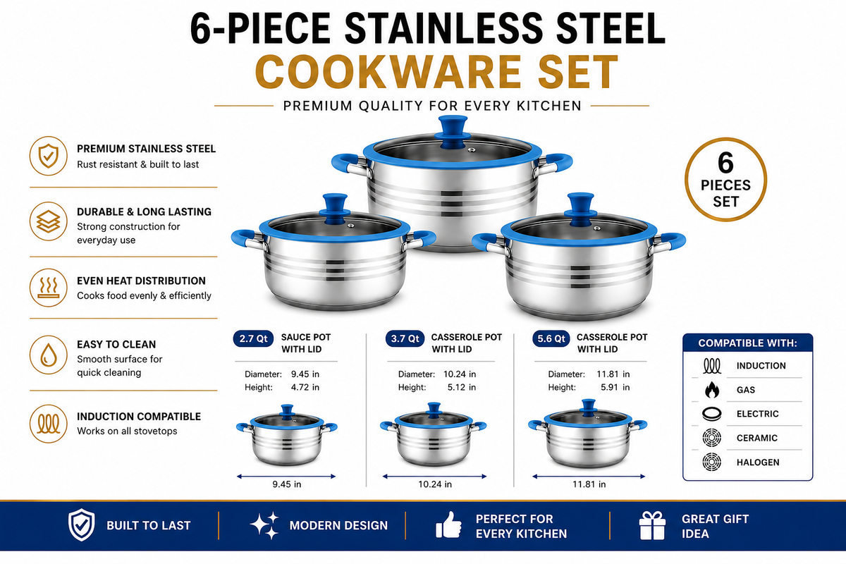 Stainless Steel Cookware Set with Glass Lids Blue Silicone Handles, 6-Piece Set, Glass Lids, Stainless Steel
