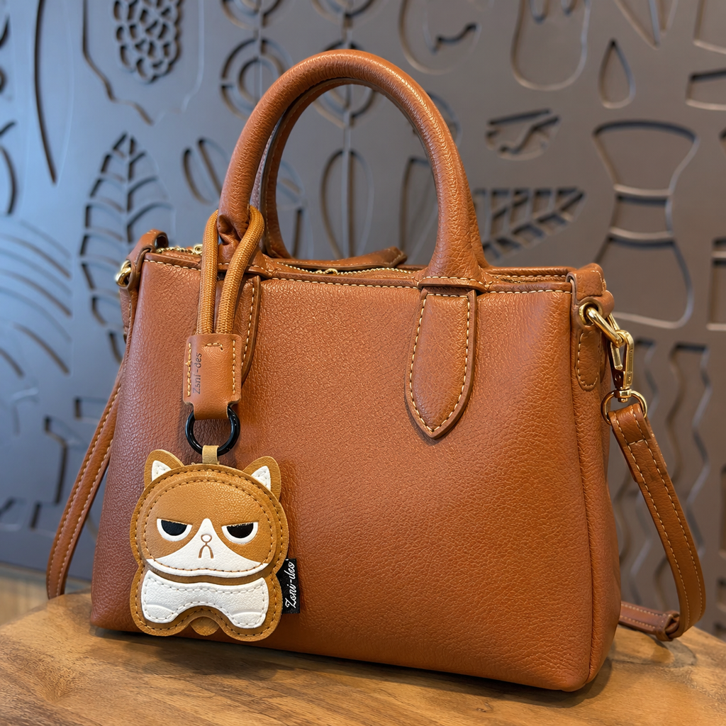 Cute Grumpy Cat Faux Leather Keychain Charm with Wrist Strap – Kawaii Bag Accessory for Handbags, Backpacks, Keys & Gifts