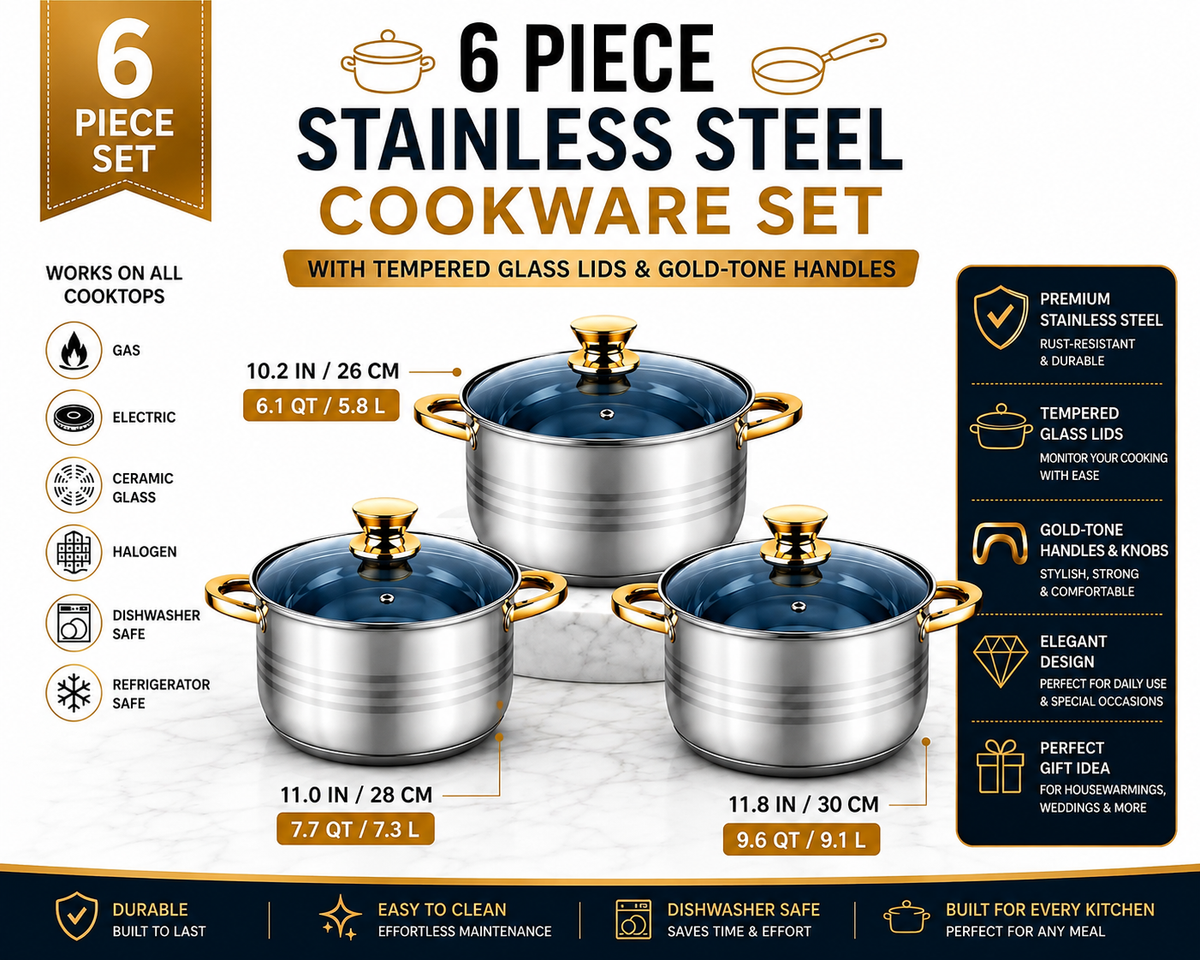 Stainless Steel Cookware Set with Glass Lids Gold Handles, 6-Piece Set, Glass Lids, Stainless Steel