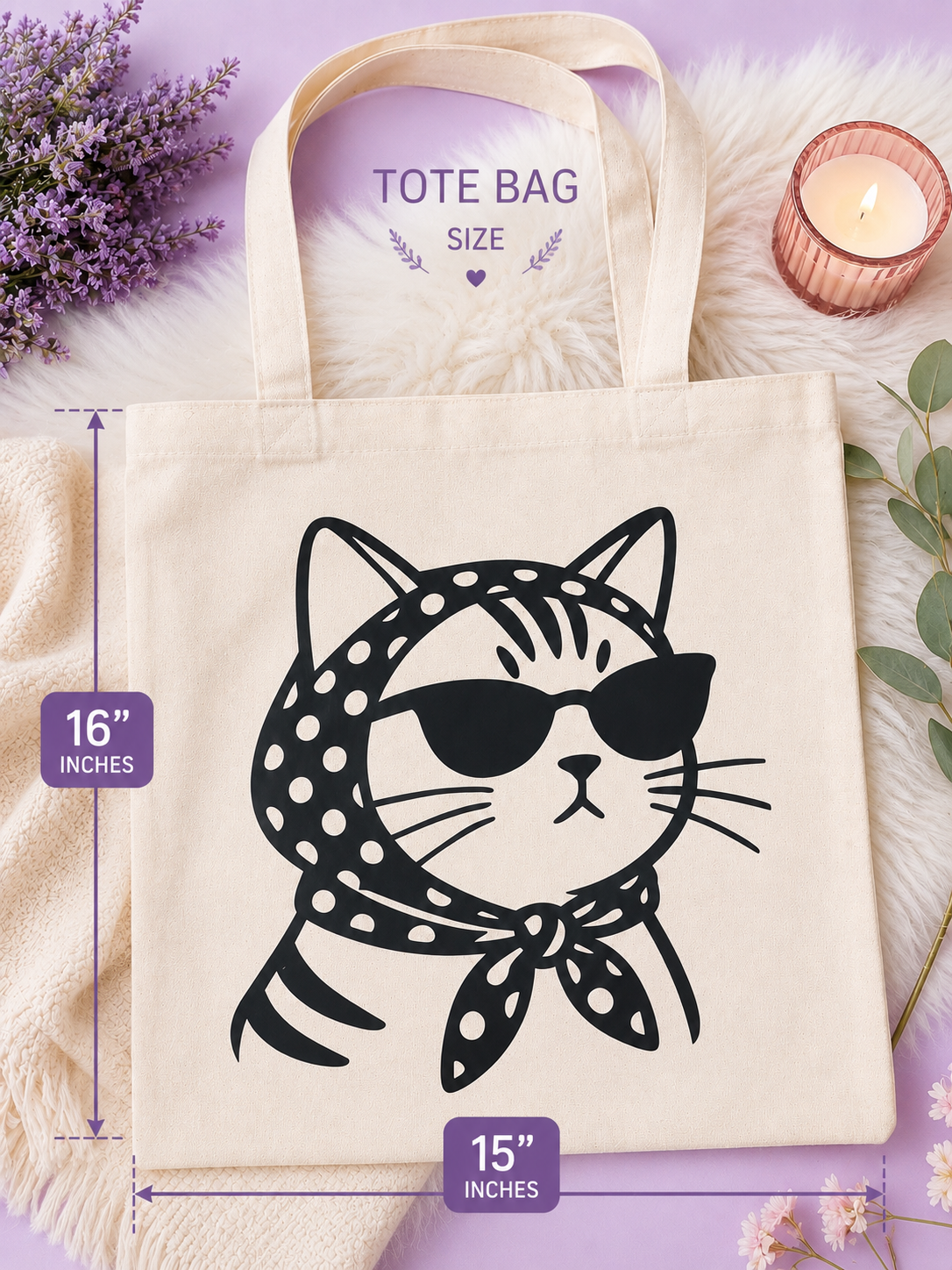 TOTE BAG - CREAM CANVAS TOTE WITH BLACK CAT GRAPHIC