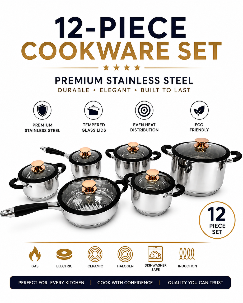 Stainless Steel PREMIUM-BLACK 12-Piece Stainless Steel Cookware Set