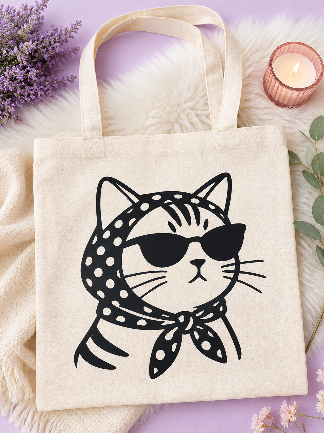 TOTE BAG - CREAM CANVAS TOTE WITH BLACK CAT GRAPHIC