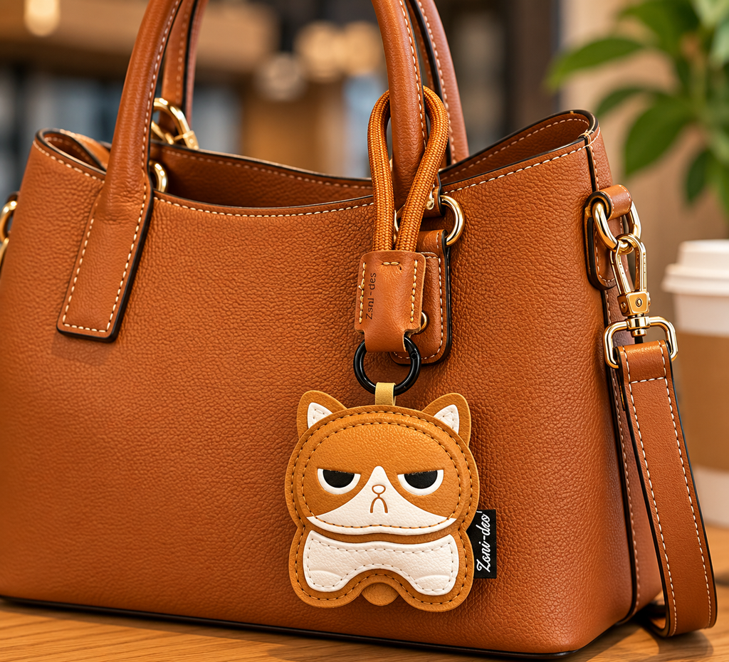 Cute Grumpy Cat Faux Leather Keychain Charm with Wrist Strap – Kawaii Bag Accessory for Handbags, Backpacks, Keys & Gifts
