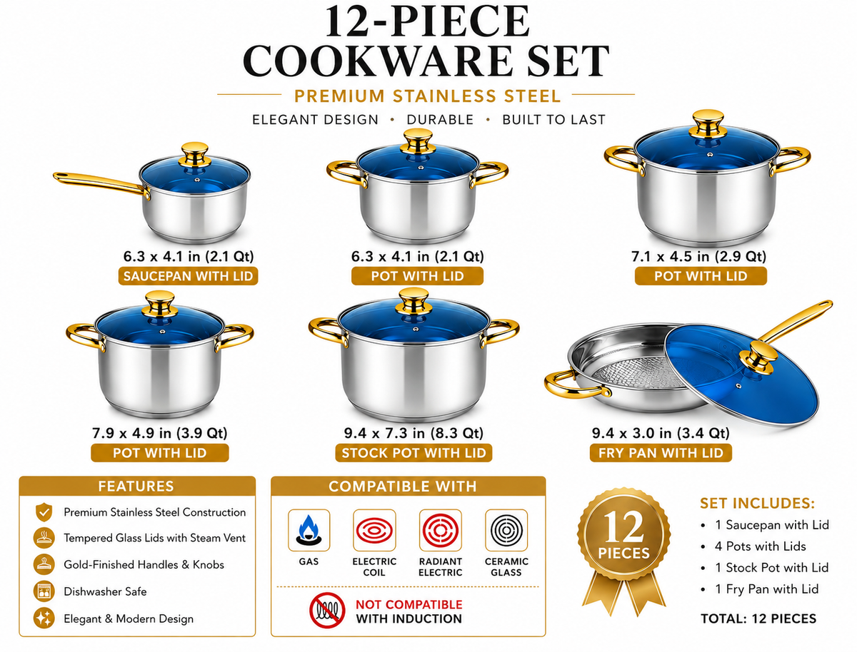 Stainless Steel Cookware Set with Glass Lids and Gold Handles 12-Piece Set, Glass Lids, Gold Handles, Stainless Steel