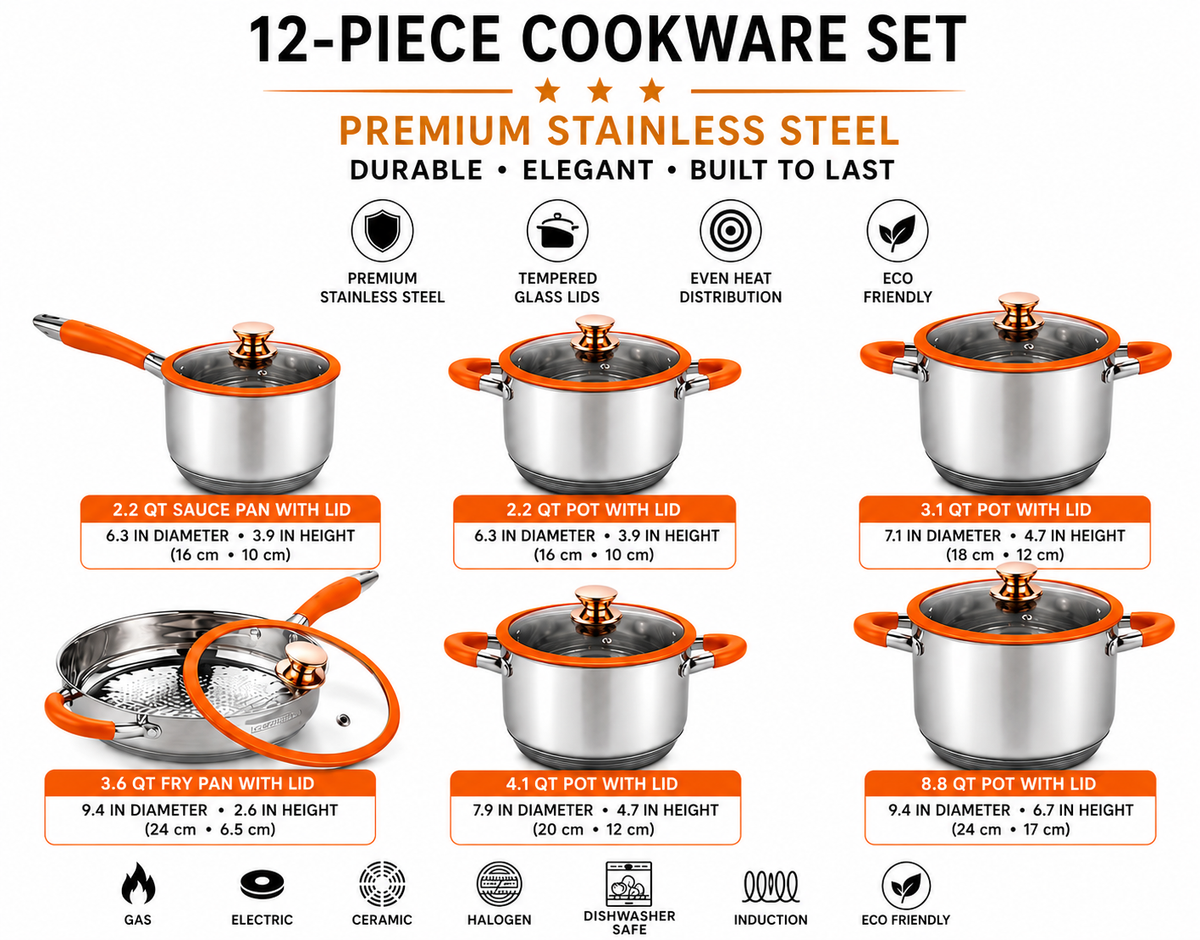 Stainless Steel GALES PREMIUM-ORANGE 12-Piece Stainless Steel Cookware Set