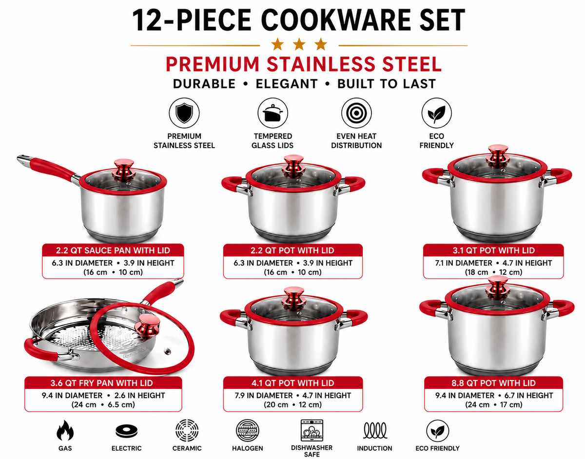 Stainless Steel PREMIUM RED 12-Piece Stainless Steel Cookware Set | Induction Ready, 12 Pieces, Red