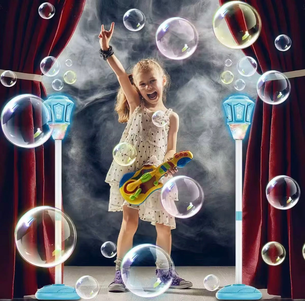 Bubble Machine Lamp with Light, Rechargeable Outdoor Summer Bubbles Toys for Kids & Adults, Bubble Blower and Wand Toy, Birthday Christmas Party Gifts for Toddlers Teens Blue