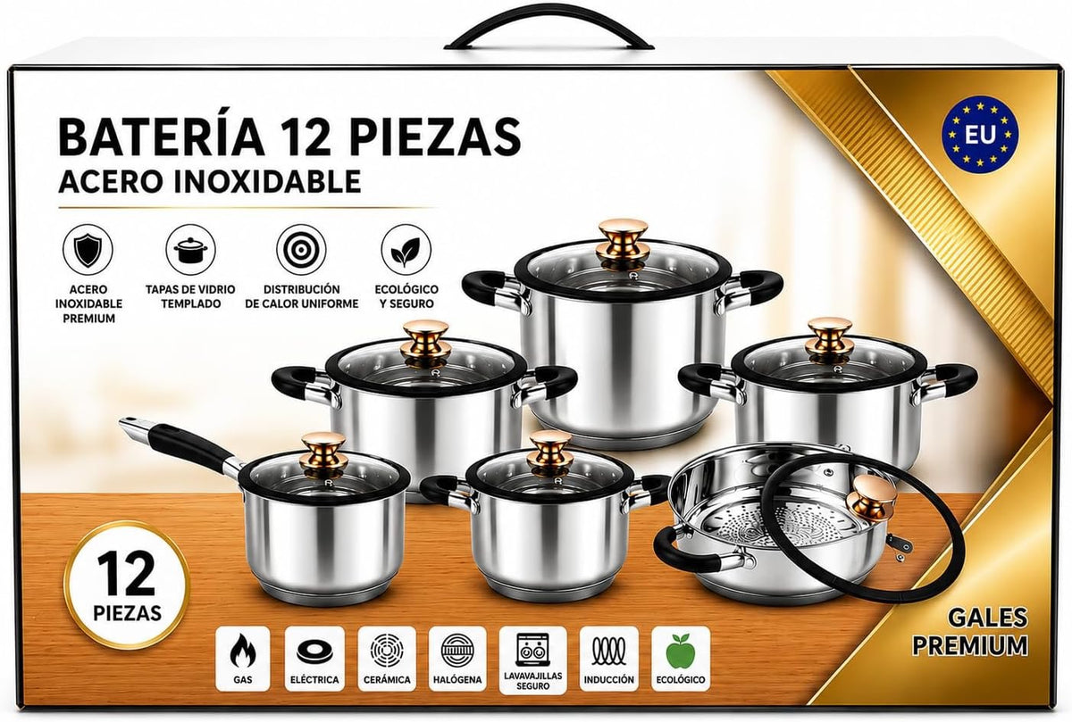 Stainless Steel PREMIUM-BLACK 12-Piece Stainless Steel Cookware Set