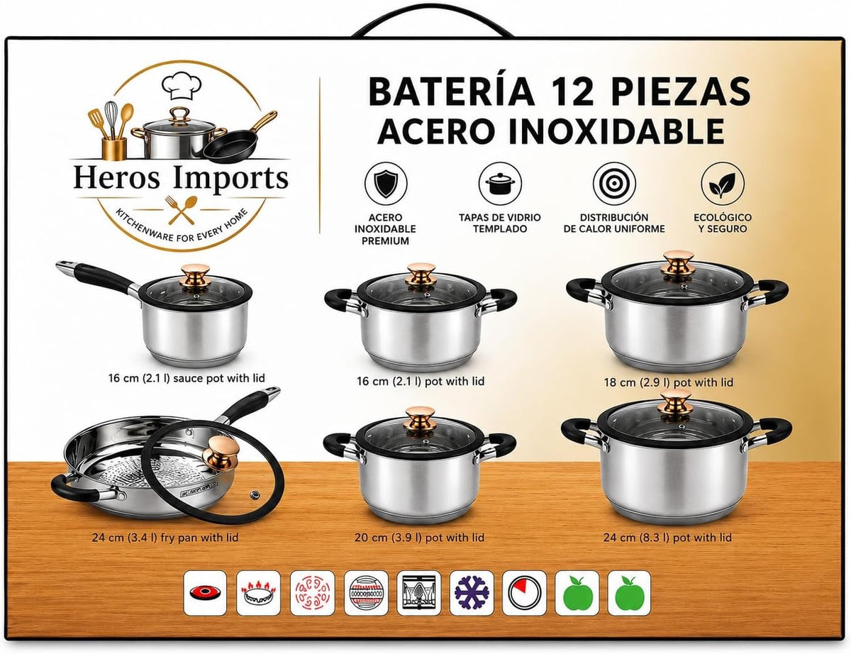 Stainless Steel PREMIUM-BLACK 12-Piece Stainless Steel Cookware Set