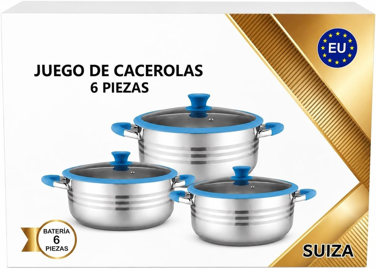 Stainless Steel Cookware Set with Glass Lids Blue Silicone Handles, 6-Piece Set, Glass Lids, Stainless Steel
