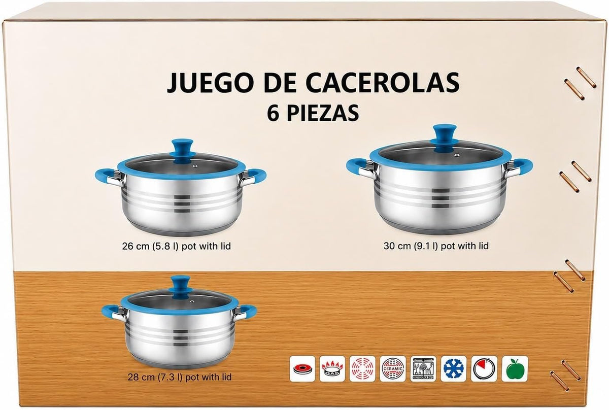Stainless Steel Cookware Set with Glass Lids Blue Silicone Handles, 6-Piece Set, Glass Lids, Stainless Steel