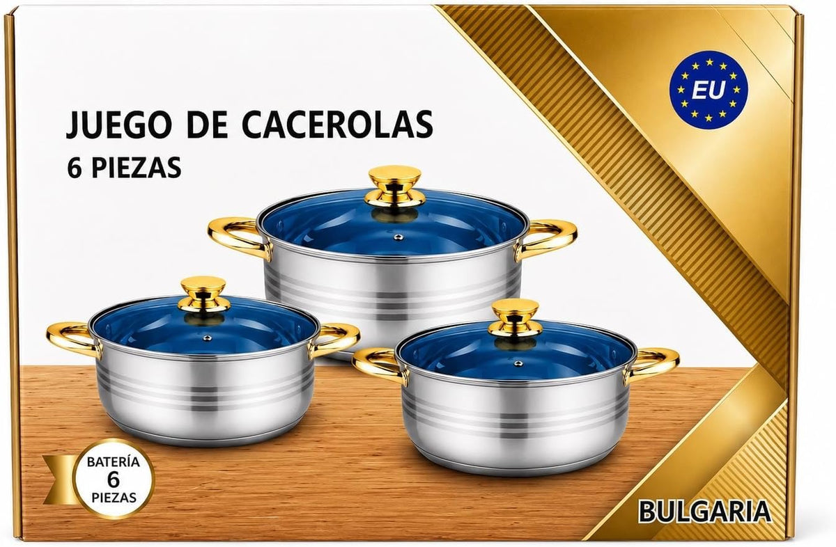 Stainless Steel Pots and Lids Set with Gold Handles Induction Ready, Includes Lids, 6-Piece Set