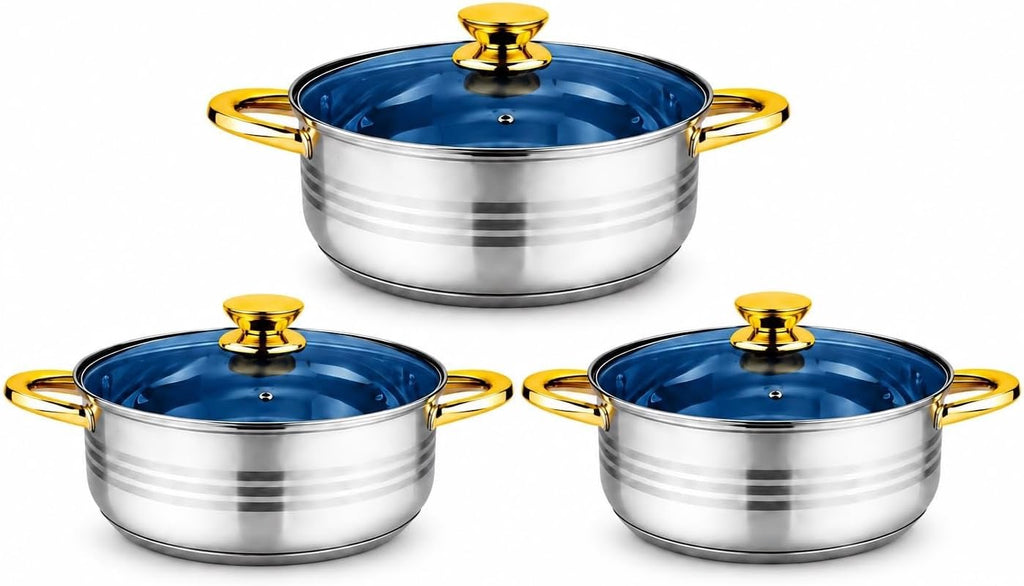 Stainless Steel Pots and Lids Set with Gold Handles Induction Ready, Includes Lids, 6-Piece Set