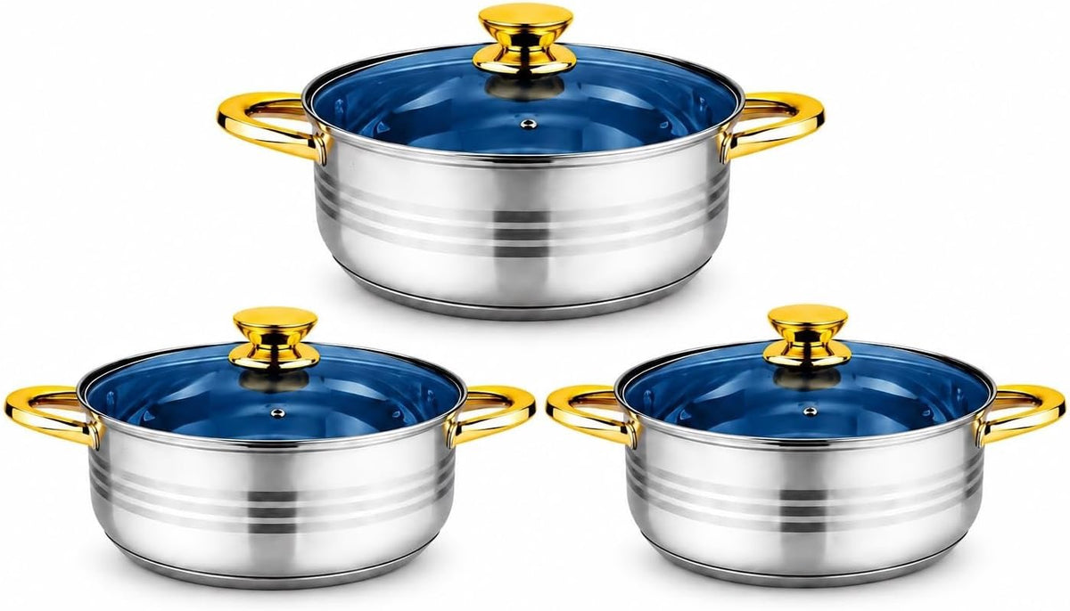 Stainless Steel Pots and Lids Set with Gold Handles Induction Ready, Includes Lids, 6-Piece Set