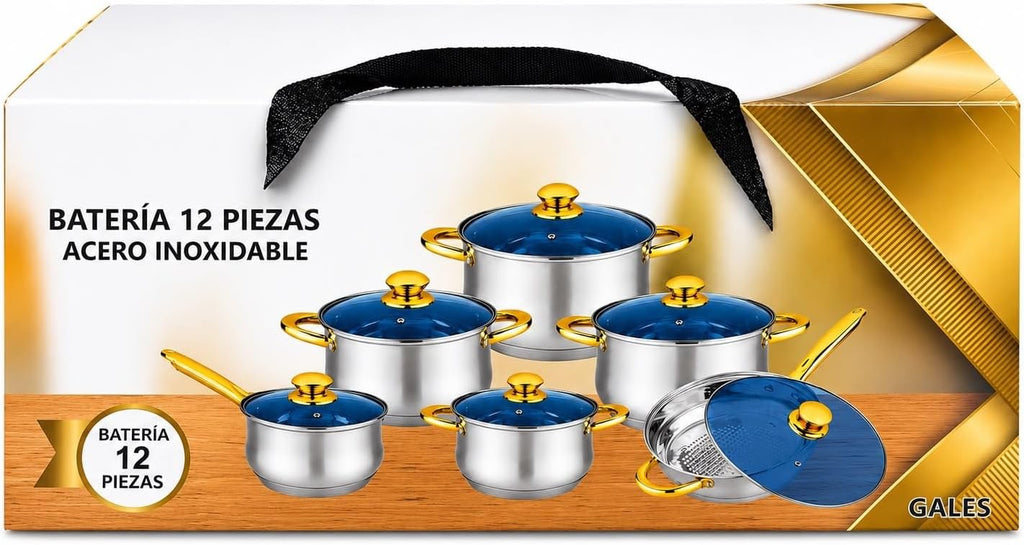 Stainless Steel Cookware Set with Glass Lids and Gold Handles 12-Piece Set, Glass Lids, Gold Handles, Stainless Steel