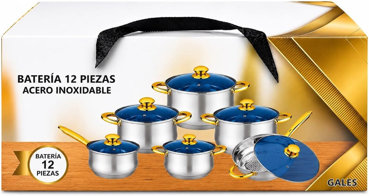 Stainless Steel Cookware Set with Glass Lids and Gold Handles 12-Piece Set, Glass Lids, Gold Handles, Stainless Steel