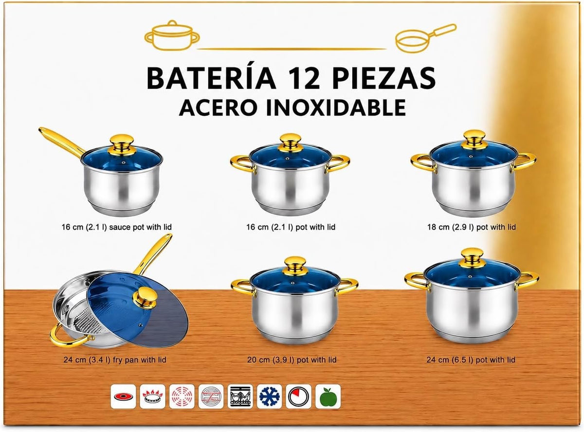 Stainless Steel Cookware Set with Glass Lids and Gold Handles 12-Piece Set, Glass Lids, Gold Handles, Stainless Steel