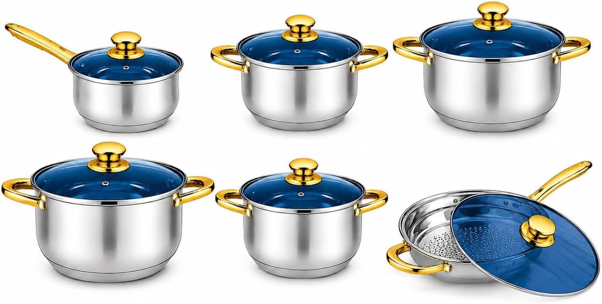 Stainless Steel Cookware Set with Glass Lids and Gold Handles 12-Piece Set, Glass Lids, Gold Handles, Stainless Steel