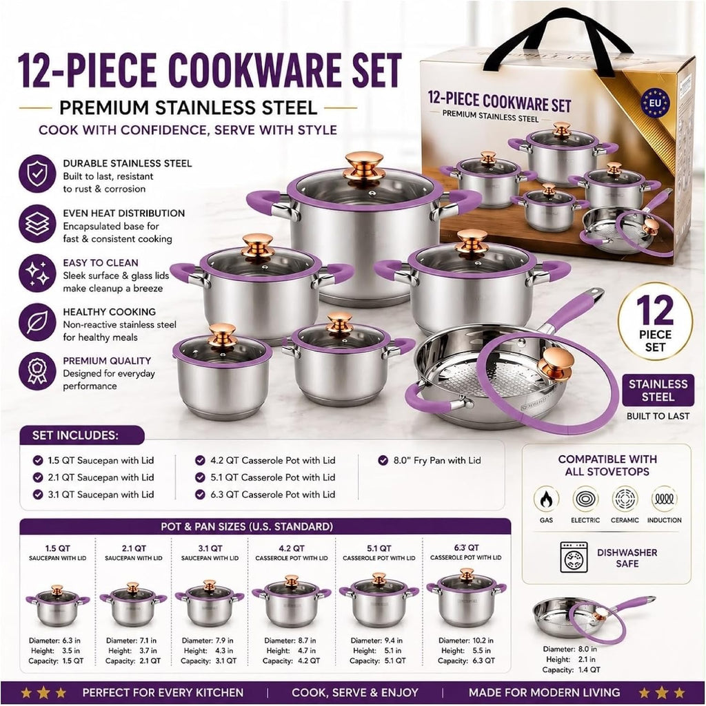 Stainless Steel Cookware Set Induction Ready Purple 12-Piece Set, Induction Compatible, Stainless Steel, Purple Finish, Complete Cookware