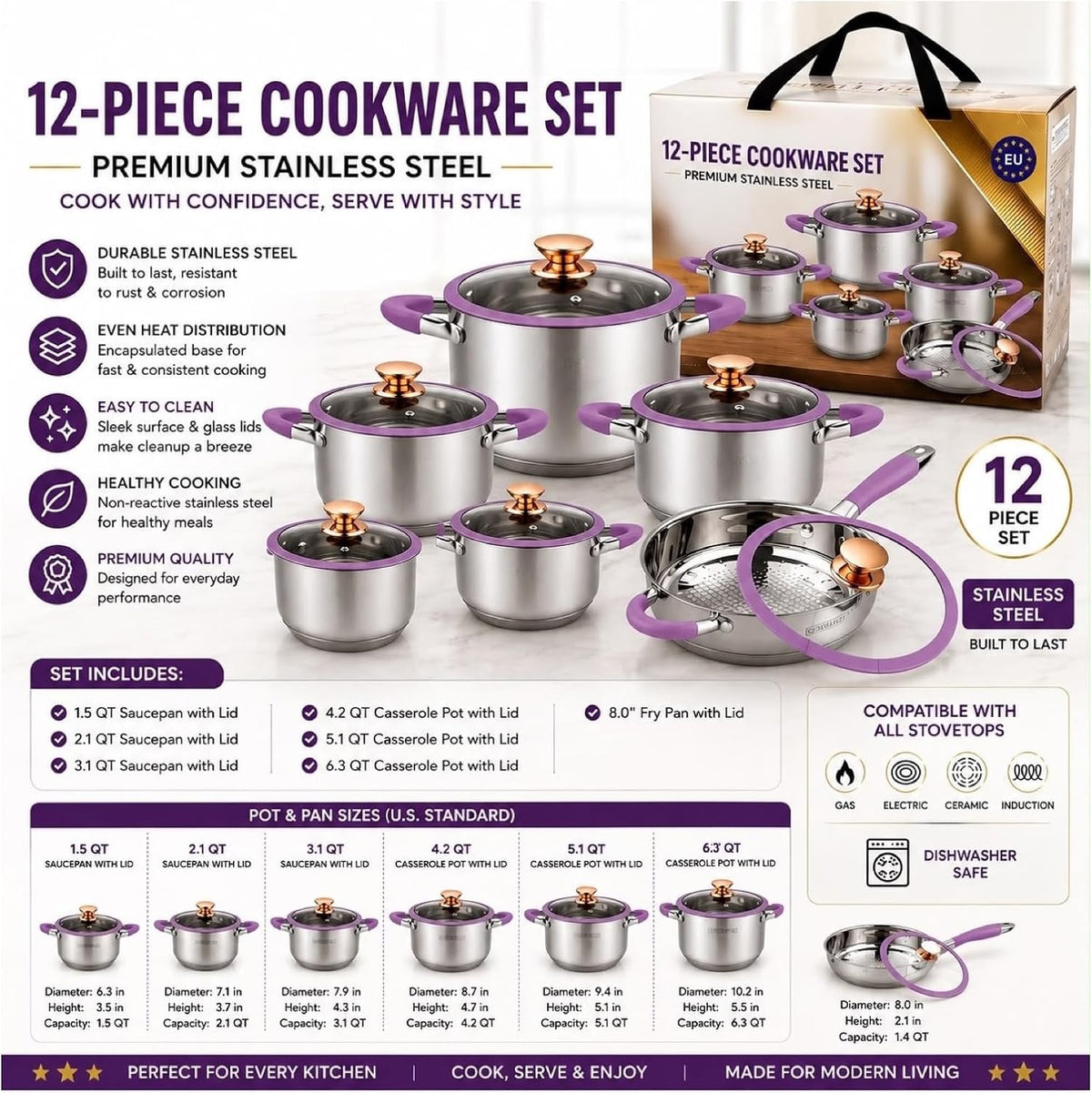 Stainless Steel Cookware Set Induction Ready Purple 12-Piece Set, Induction Compatible, Stainless Steel, Purple Finish, Complete Cookware
