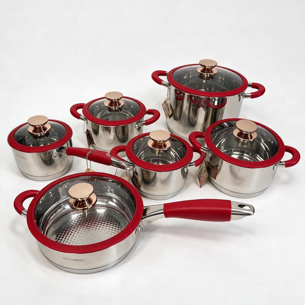 Stainless Steel PREMIUM RED 12-Piece Stainless Steel Cookware Set | Induction Ready, 12 Pieces, Red