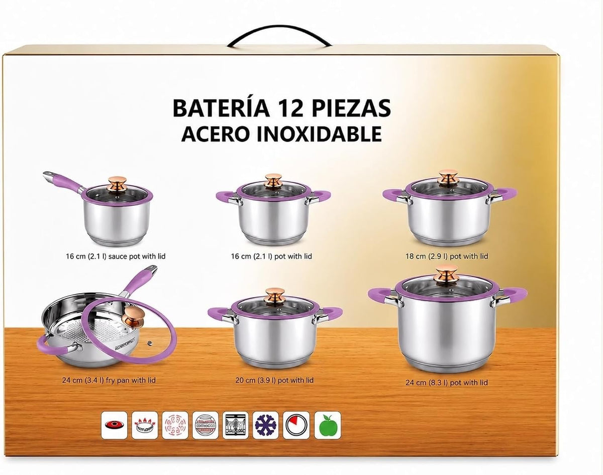 Stainless Steel Cookware Set Induction Ready Purple 12-Piece Set, Induction Compatible, Stainless Steel, Purple Finish, Complete Cookware