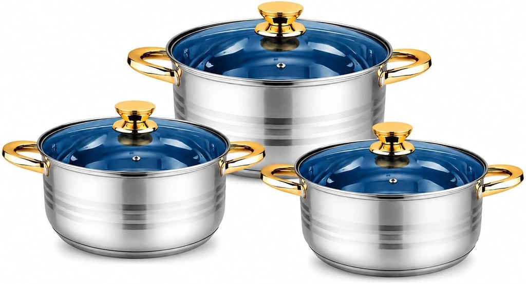 Stainless Steel Cookware Set with Glass Lids Gold Handles, 6-Piece Set, Glass Lids, Stainless Steel