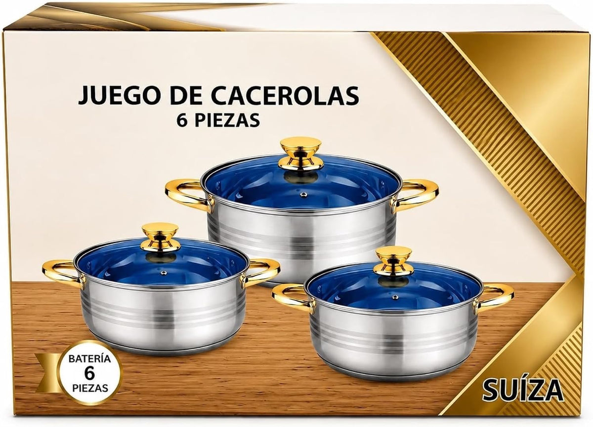 Stainless Steel Cookware Set with Glass Lids Gold Handles, 6-Piece Set, Glass Lids, Stainless Steel