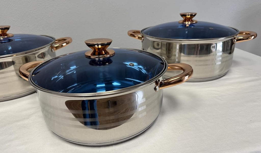 Stainless Steel Cookware Set with Glass Lids Gold Handles, 6-Piece Set, Glass Lids, Stainless Steel