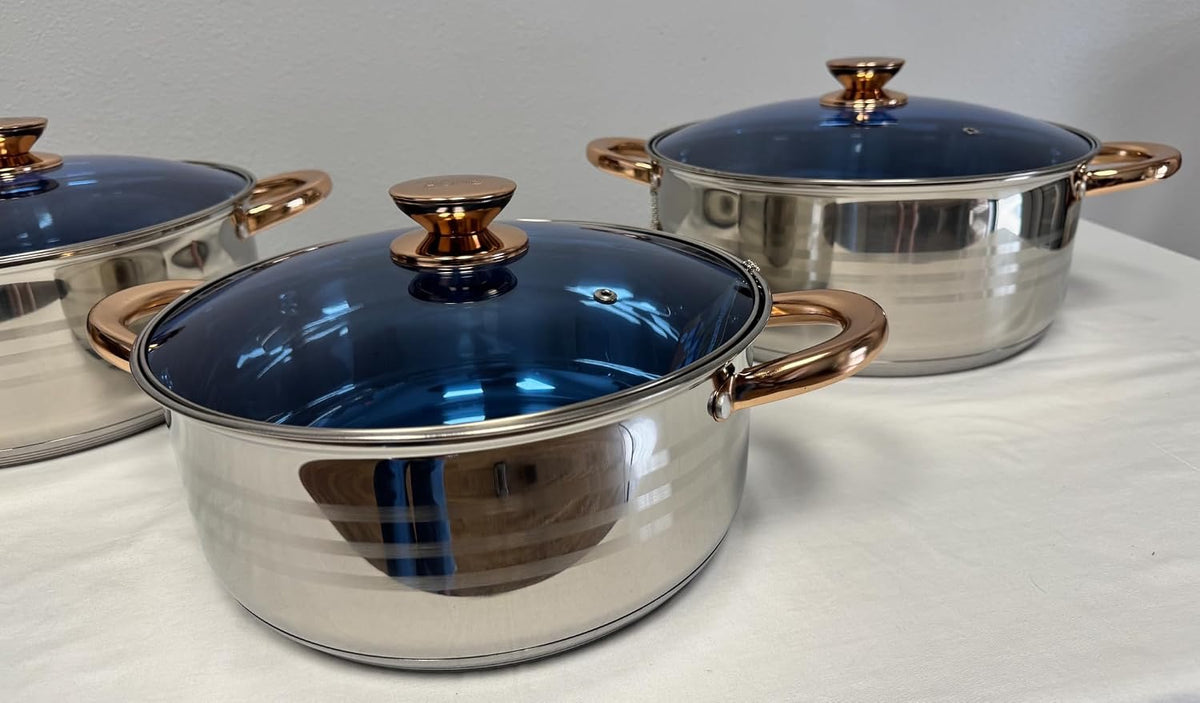 Stainless Steel Cookware Set with Glass Lids Gold Handles, 6-Piece Set, Glass Lids, Stainless Steel