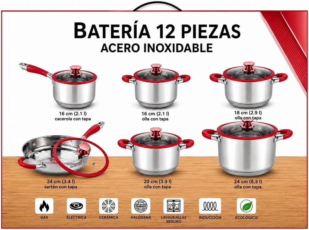 Stainless Steel PREMIUM RED 12-Piece Stainless Steel Cookware Set | Induction Ready, 12 Pieces, Red