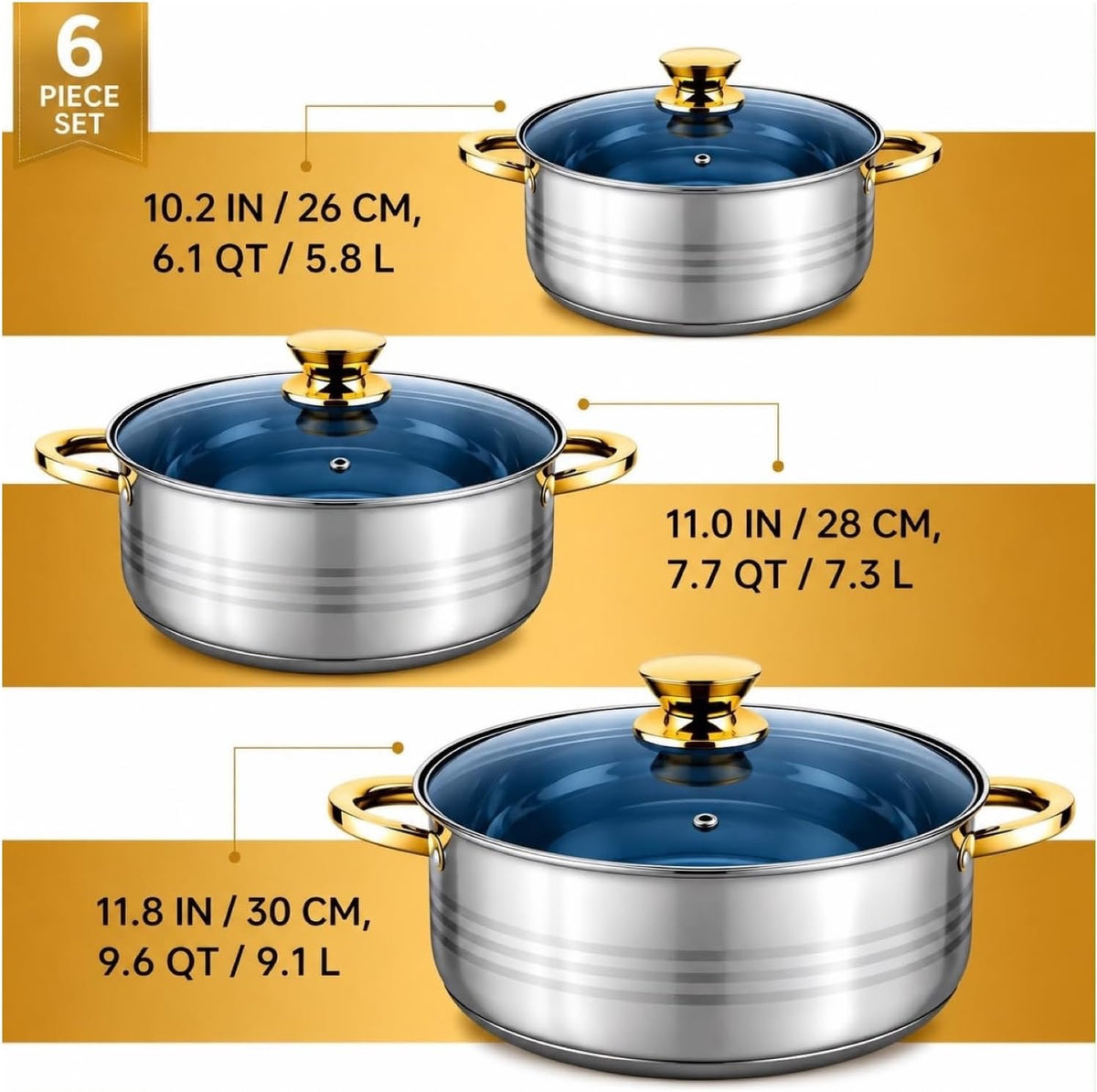 Stainless Steel Cookware Set with Glass Lids Gold Handles, 6-Piece Set, Glass Lids, Stainless Steel