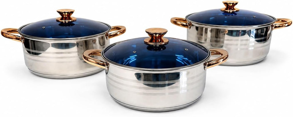 Stainless Steel Cookware Set with Glass Lids Gold Handles, 6-Piece Set, Glass Lids, Stainless Steel