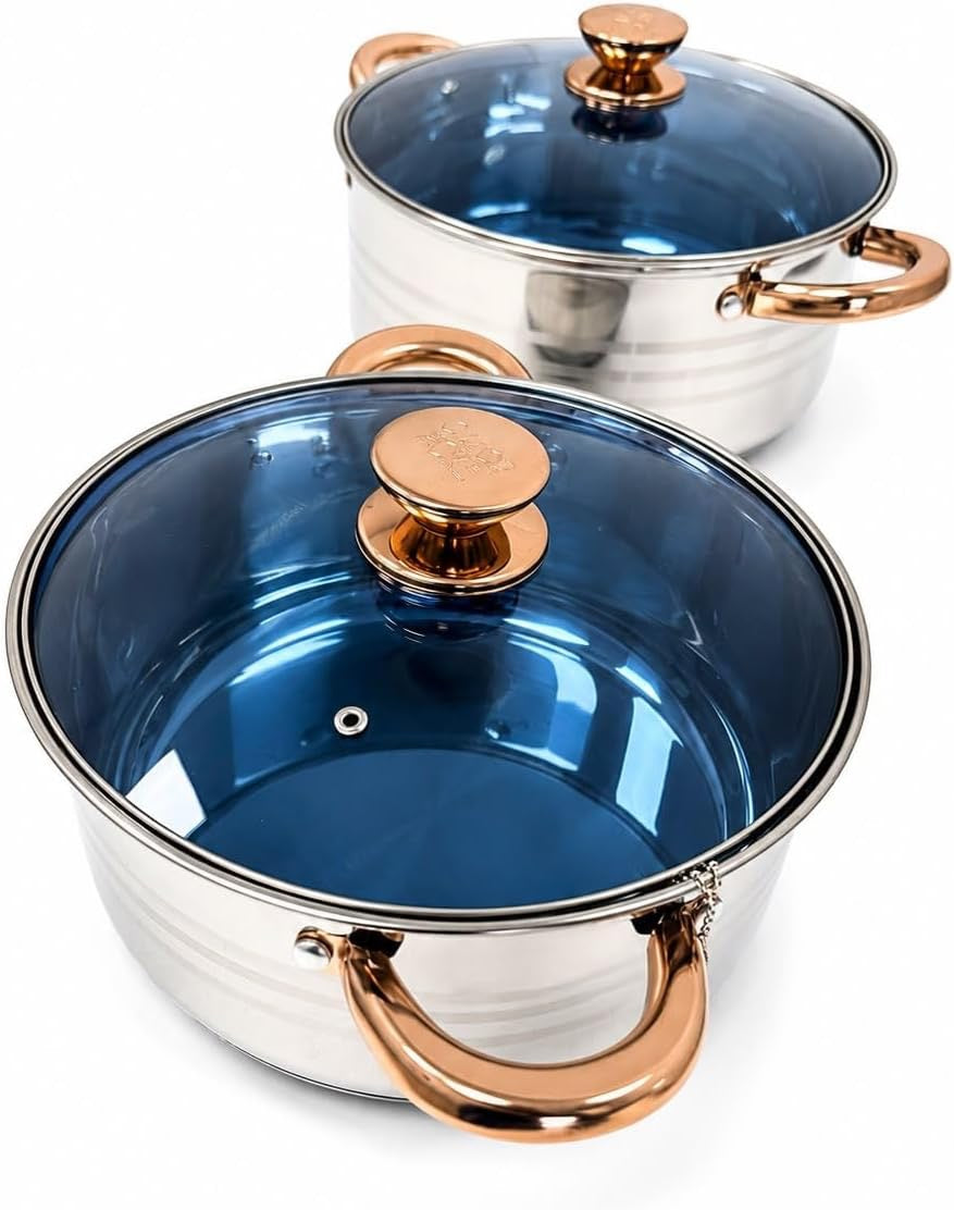 Stainless Steel Cookware Set with Glass Lids Gold Handles, 6-Piece Set, Glass Lids, Stainless Steel