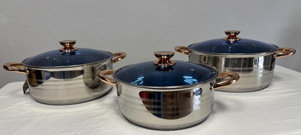 Stainless Steel Cookware Set with Glass Lids Gold Handles, 6-Piece Set, Glass Lids, Stainless Steel