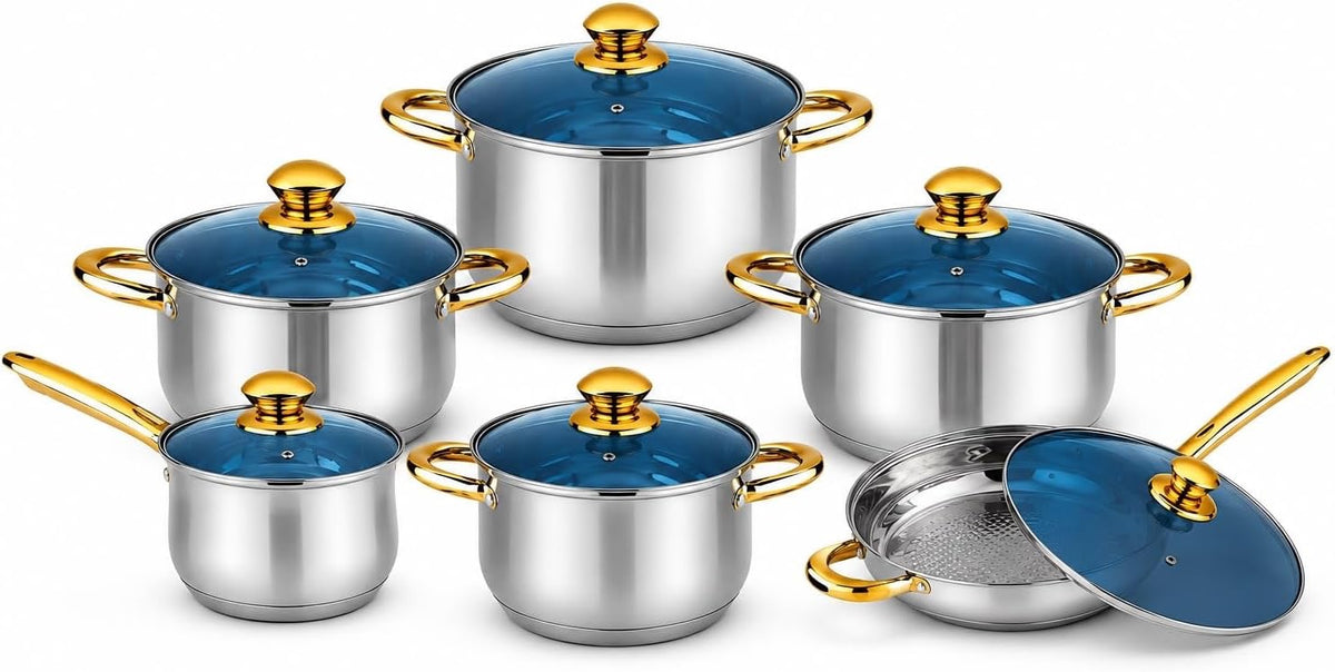 Stainless Steel Cookware Set with Glass Lids Induction Ready, 12-Piece Set, Glass Lids Included