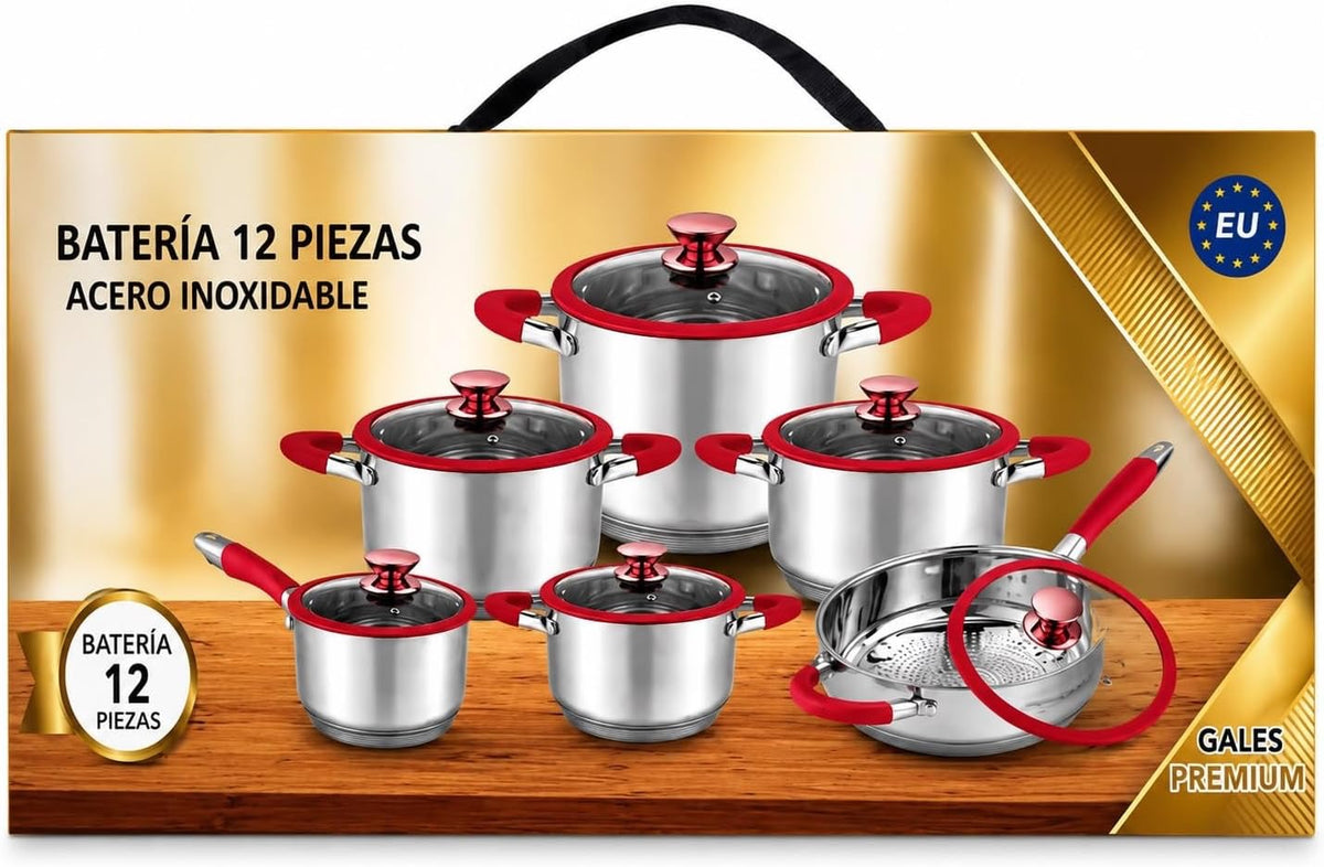 Stainless Steel PREMIUM RED 12-Piece Stainless Steel Cookware Set | Induction Ready, 12 Pieces, Red