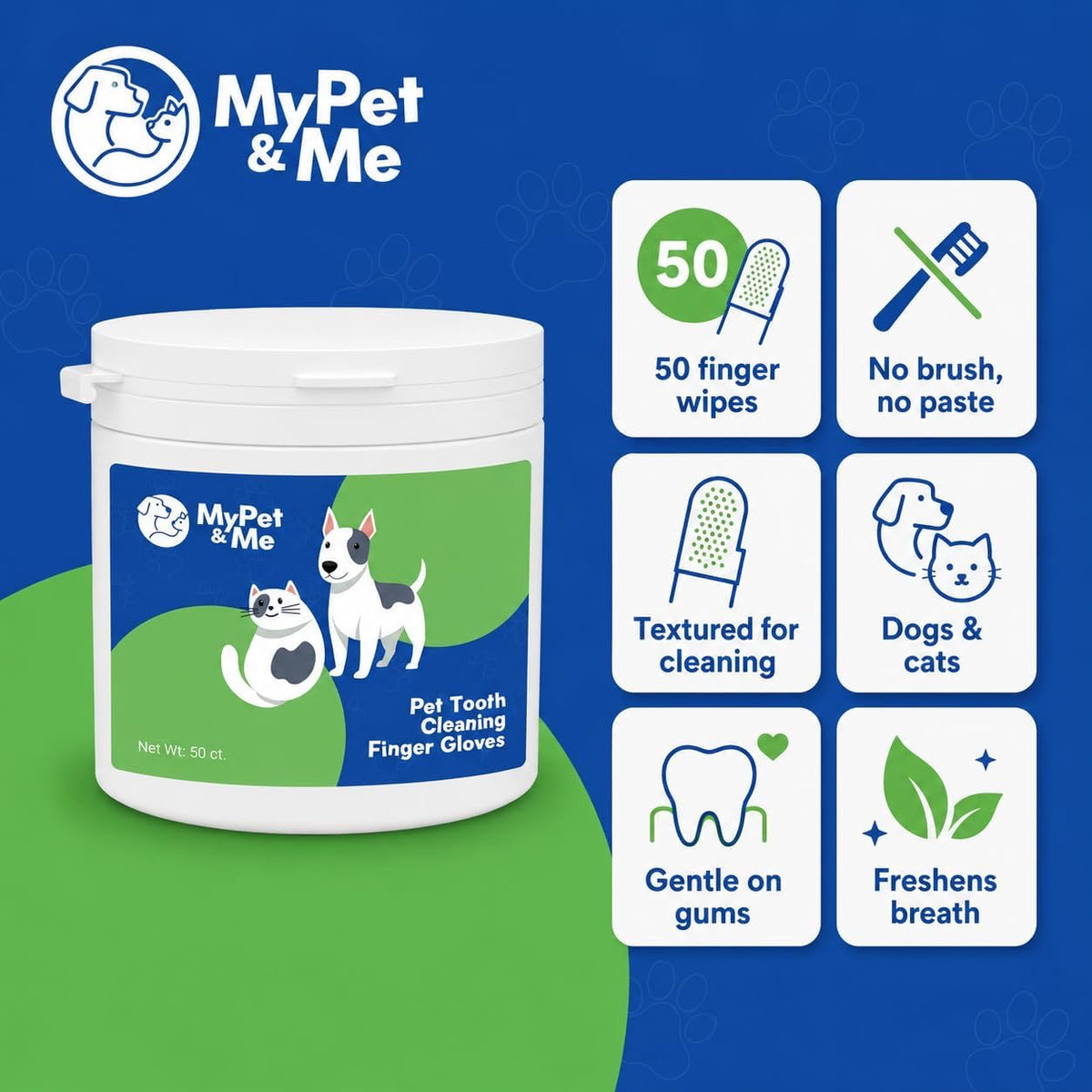 My Pet & Me Dog Dental Wipes – 50 Ct | Tooth & Teeth Cleaning Finger Wipes for Dogs & Cats | No Brush or Paste | Wipes Away Plaque & Debris for Fresh Breath | Individually Wrapped, Gentle on Gums
