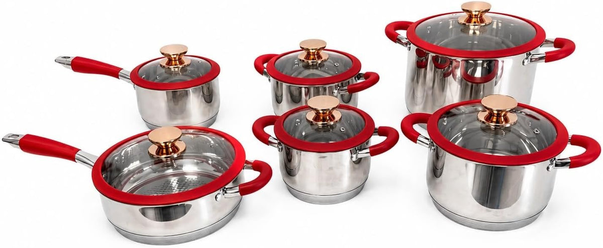 Stainless Steel PREMIUM RED 12-Piece Stainless Steel Cookware Set | Induction Ready, 12 Pieces, Red