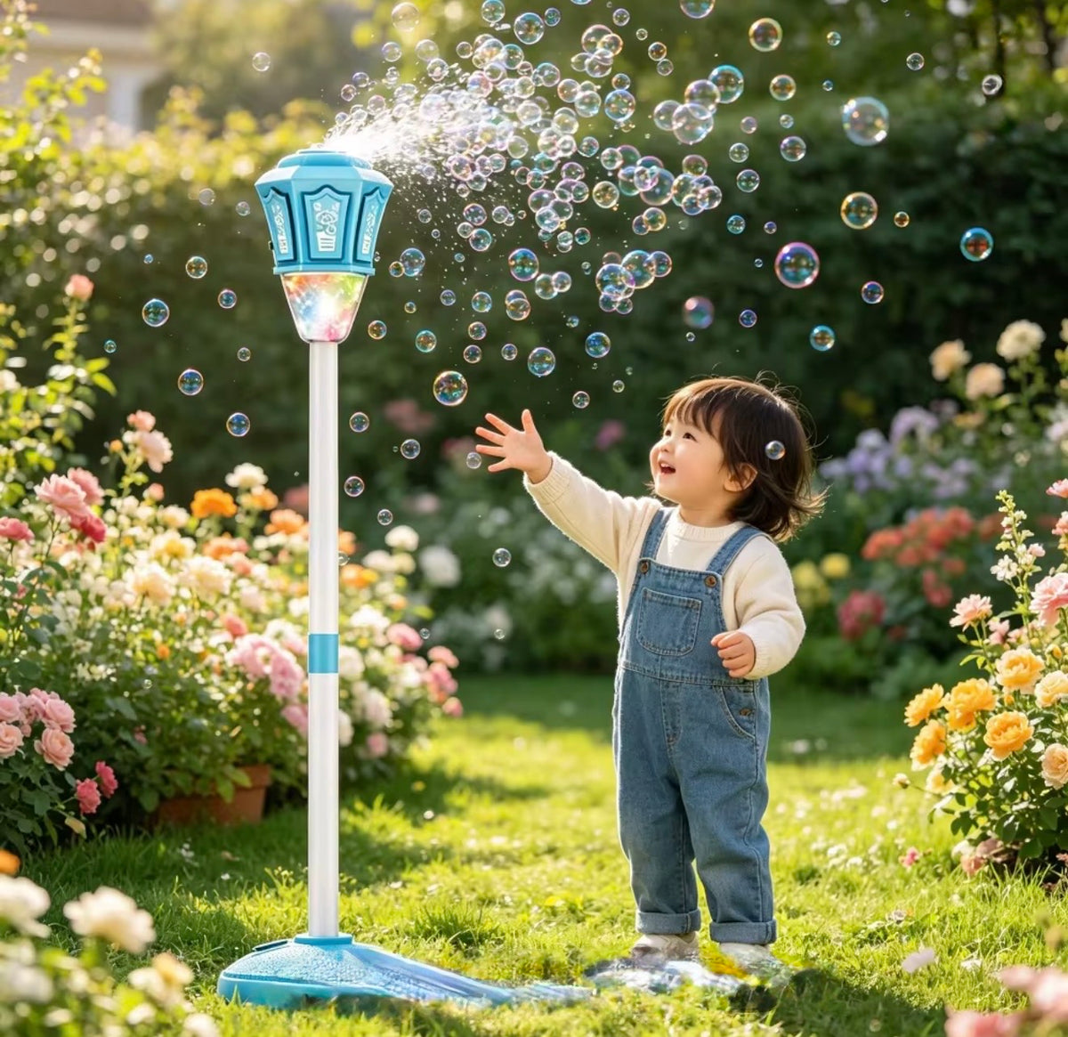 Bubble Machine Lamp with Light, Rechargeable Outdoor Summer Bubbles Toys for Kids & Adults, Bubble Blower and Wand Toy, Birthday Christmas Party Gifts for Toddlers Teens Blue